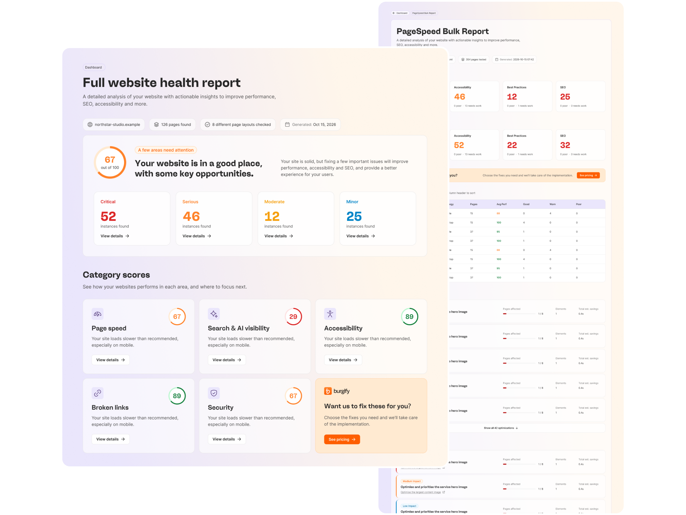 Example of the website health overview and detailed report